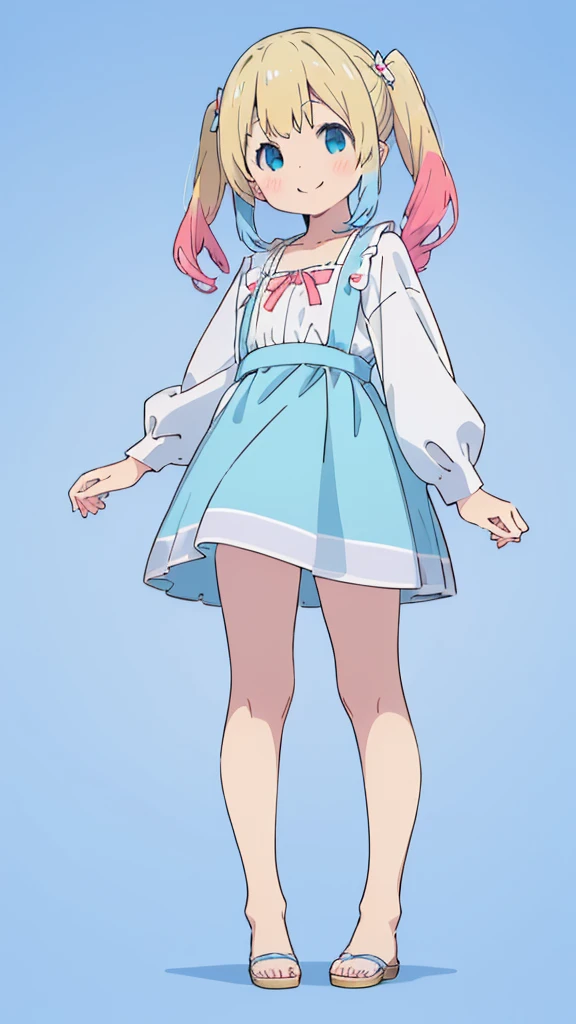 ((masterpiece))((Highest quality))girl、smile、blush、Flat Chest、Are thin、Blonde Hair、blush、Are standing、Whole body image、Eye level to the feet、front、No background、真frontのアングル、Blue clothes、Two-tone white and blue hair、Twin tails、Red Alice outfit