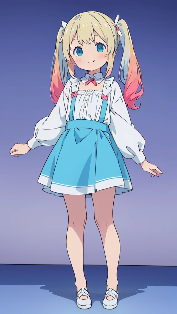 ((masterpiece))((Highest quality))girl、smile、blush、Flat Chest、Are thin、Blonde Hair、blush、Are standing、Whole body image、Eye level to the feet、front、No background、真frontのアングル、Blue clothes、Two-tone white and blue hair、Twin tails、Red Alice outfit