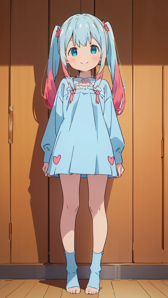 ((masterpiece))((Highest quality))girl、smile、blush、Flat Chest、Are thin、Blonde Hair、blush、Are standing、Whole body image、Eye level to the feet、front、No background、真frontのアングル、Blue clothes、Two-tone white and blue hair、Twin tails、Red Alice outfit