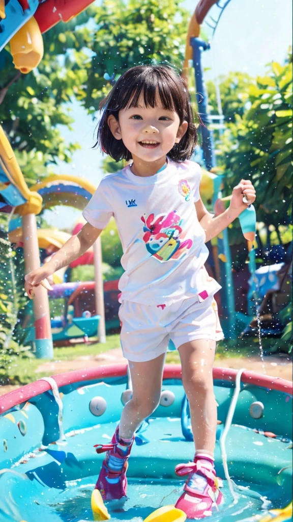 ((whole body)),((ultra detailed)),(small),((preschool age)), eight year old girl playing in a water park, short hair, white t-shirt that reaches to her thighs, Sending kisses