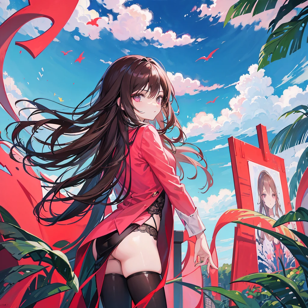 max ernst, a Korean beautiful girl,luxury brand fashion,long hair,red Electric super car,acrylic painting,future world,René Magritte, pink black panty,cool illustration.small clouds,brown hair
