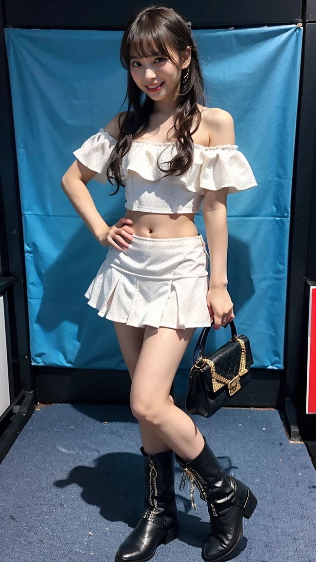 (8k、RAW Photos、Highest quality、masterpiece:1.2)、(Highest quality、Realistic)、1 Girl、((Frills、Tube top、mini skirt、leather、Off the shoulder、Idol Costume、ribbon、See-through、Thin legs、whole body、boots、garden、View from the front、Looking into the camera、Stand with hands on hips))、cute