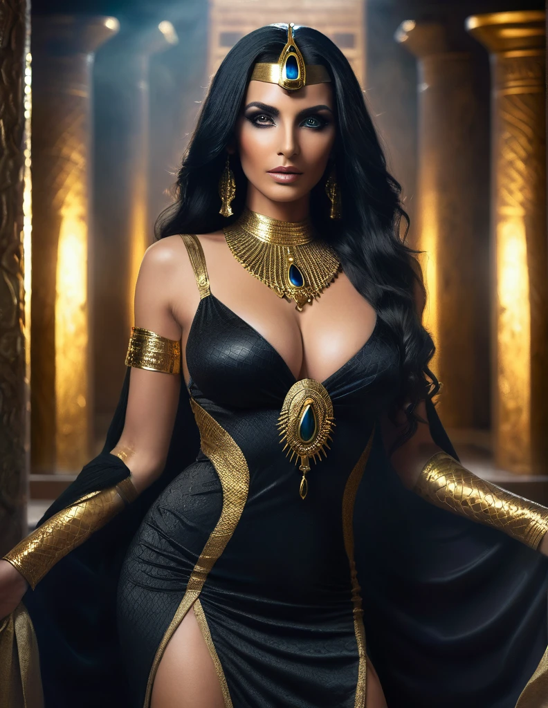 Nephthys épouse de seth, Egyptian sorceress, beautiful mature Egyptian goddess, snake skin, long flowing black hair, glowing golden eyes, reptilian pupils, swollen lactating breasts, form-fitting translucent black and gold dress, ancient Egyptian jewelry, standing in mysterious ancient temple, dramatic gothic dominatrix vibes, intense cinematic lighting, supernatural, breathtaking beauty and depth, (best quality,4k,8k,highres,masterpiece:1.2),ultra-detailed,(realistic,photorealistic,photo-realistic:1.37),HDR,UHD,studio lighting,ultra-fine painting,sharp focus,physically-based rendering,extreme detail description,professional,vivid colors,bokeh,fantasy,dark fantasy,occult,powerful,mystical,elegant,ethereal,chiaroscuro