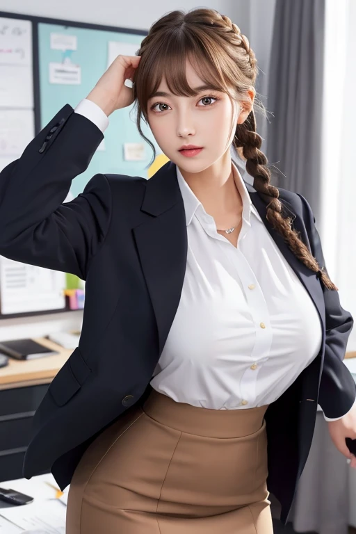 masterpiece, best quality, 1 girl, solo, teenager, large breasts, light brown eyes, bangs, brond hair, braids hair, office staff suit, jacket, pencil skirt, upper body, standing, office, 1 handsome boy, a handsome boy is grabbing girl’s breasts from behind