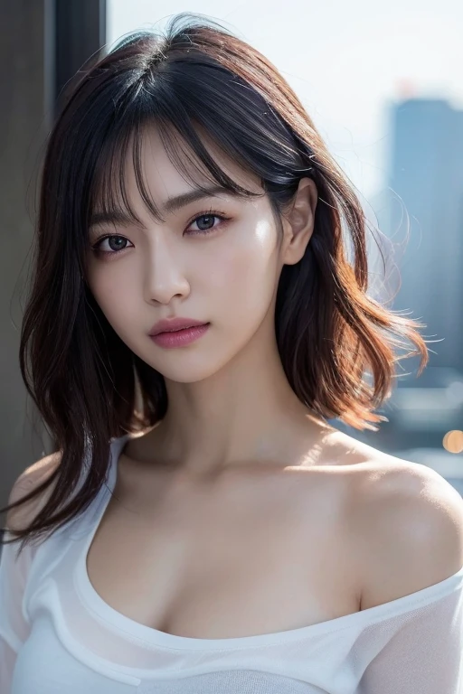 (1 woman:1.1)、Beautiful Japan adult woman、((best qualtiy, 8K, tmasterpiece:1.3))、((realisitic:1.5))、((sense of reality:1.5))、Perfect litthing、Perfect figure beautiful woman:1.4、((Layered Hair Style、ample breasts:1.2))、(blouse:1.2)、(new york street:1.2)、Highly detailed facial and skin texture、glowy skin、A detailed eye、二重まぶた、(The front of the blouse is open:1.1)、(breast cleavage exposed:1.1)、see the beholder、Upshot、