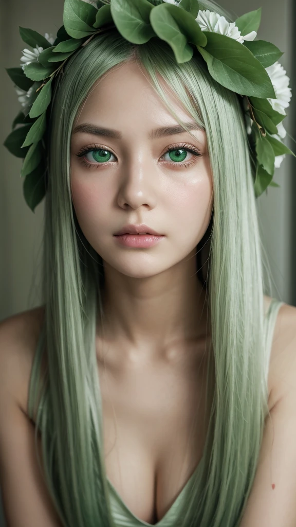 a girl. face sent feeling. Asia. Oval face. long face. delicate facial features. sad eyes. seductively seductive. green eyes. platinum hair. wreath on head. very sad expression. shy