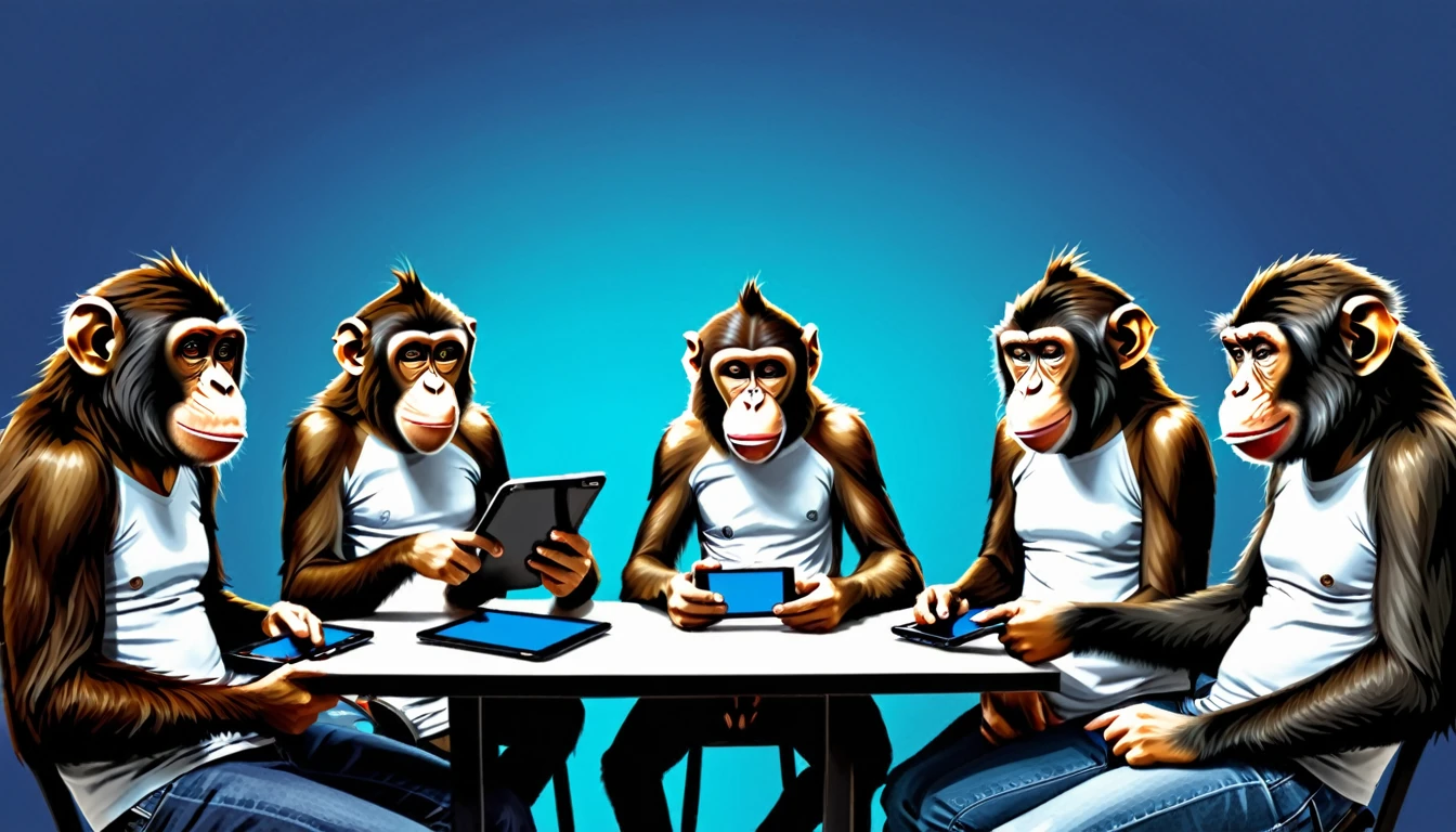Create an illustration depicting a group of monkeys using social media to cyberbully. The monkeys are wearing normal clothing. Draw a group of monkeys with smartphones, tablets, and smart phones typing furiously and posting negative comments. Some monkeys should look angry or malicious, while others should be laughing or having fun. The background should be a chaotic mix of digital screens displaying harmful messages and symbols of social media platforms. The overall atmosphere should convey the destructive and overwhelming nature of online harassment.
