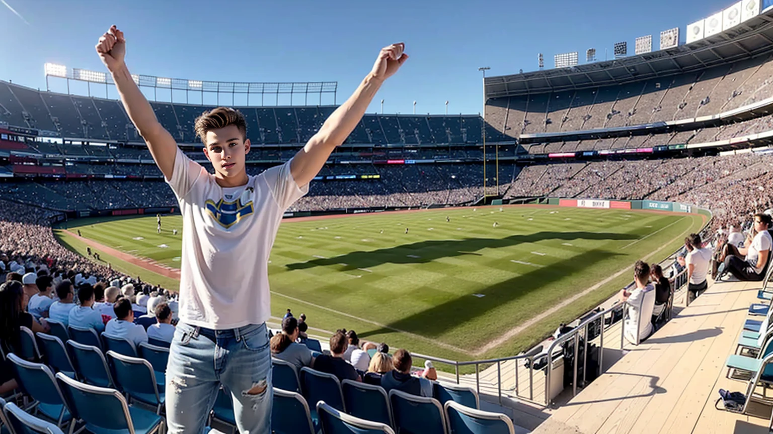 (Practical,Reality,Photo-real:1.37),Extremely detailed,Swedish man,20 years old,Healthy body,White short-sleeved top,jeans,Shown in ((Stand in the audience)) stadium,The background is the NFL game field,the audience was very large,(be booked up),very excited,author:Jacob Goldman,Bright Lights.,Warm atmosphere,
