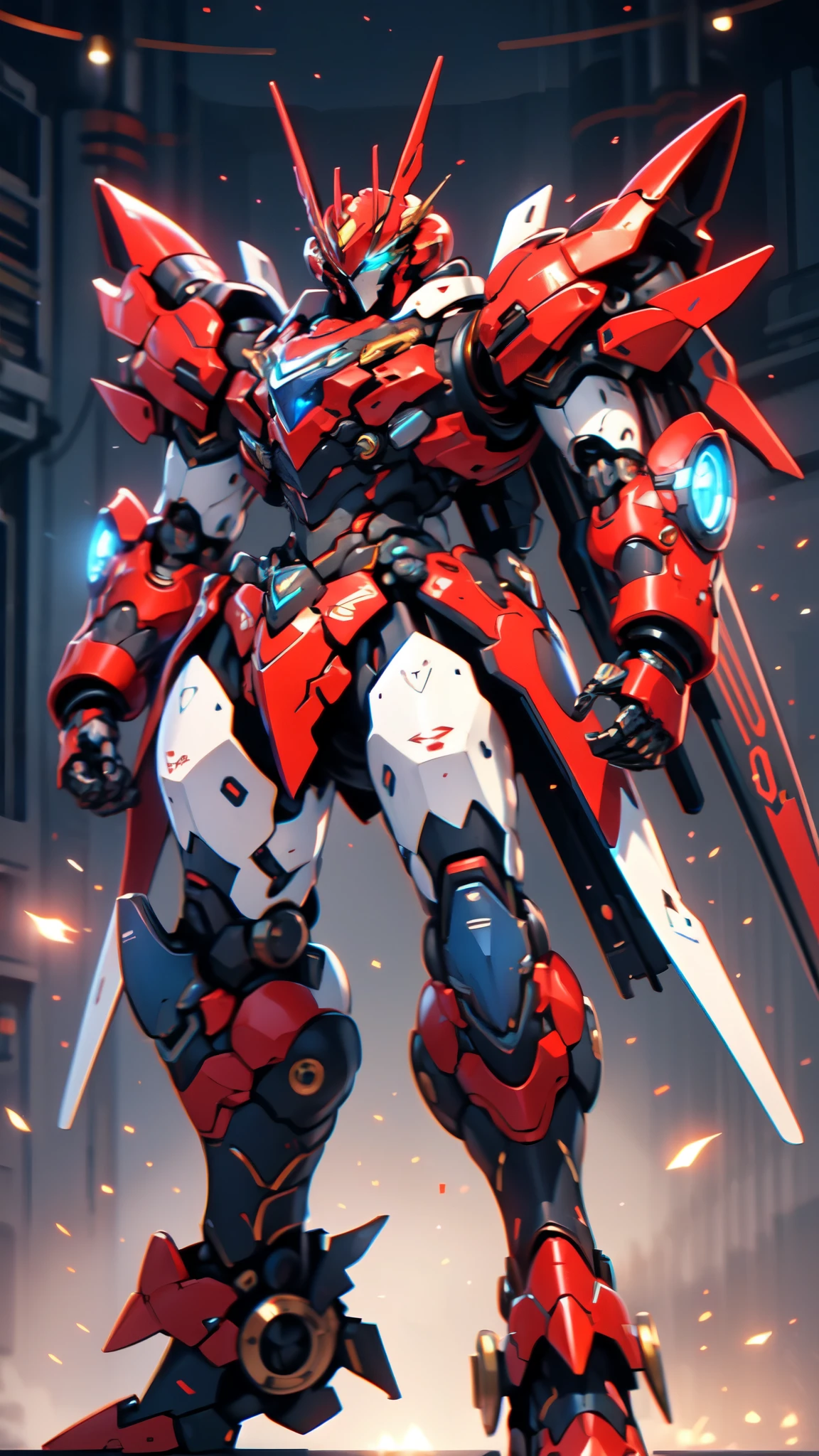 (masterpiece:1.5, best quality:1.5, extremely delicate:1.5), humanoid Mecha, fully enclosed shoulder guards, matching arm and leg guards, full body, full armor, the design balances heavy with agility, (the color scheme is primarily white with red and blue accents, the concept Inspired by Super robot, organic biotech armor, standing, floating high above the futuristic sci-fi city), exquisite and mature art style, (aura effect, energy, glowing eyes, the armor glows), ((RRS:1.2)), metallic, dramatic, high definition, highres, ultra-detailed, ultra-fine painting, professional, perfect body proportions, anatomically correct, symmetrical face, extremely detailed eyes and face, high quality eyes, creativity, RAW photo, UHD, 32k, Natural light, cinematic lighting, masterpiece-anatomy-perfect
