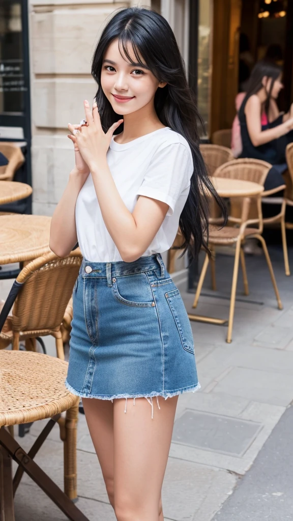 1 girl,(Black Hair Semi-Long)(Beautiful Hair), actress, smile, Glowing Skin, Highest quality, masterpiece, (Realistic:1.4), Terrace seats, Europe, France, Paris, Denim mini skirt (Realistic Fabric), White short sleeve (Cotton), (No logo), Thin fingers