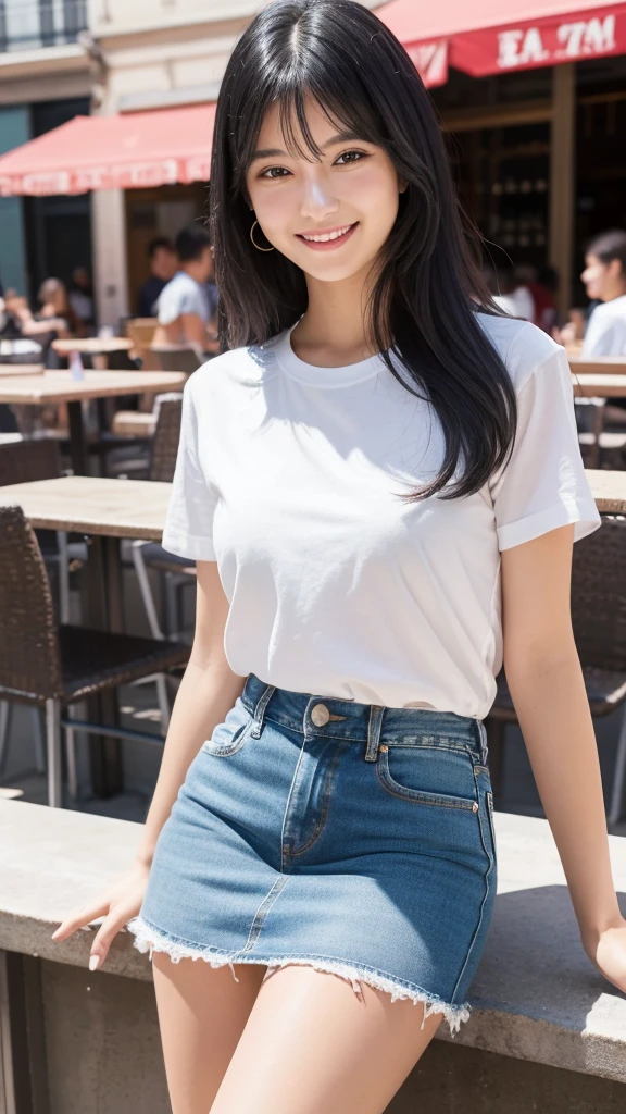 1 girl,(Black Hair Semi-Long)(Beautiful Hair), actress, smile, Glowing Skin, Highest quality, masterpiece, (Realistic:1.4), Terrace seats, Europe, France, Paris, Denim mini skirt (Realistic Fabric), White short sleeve (Cotton), (No logo), Thin fingers