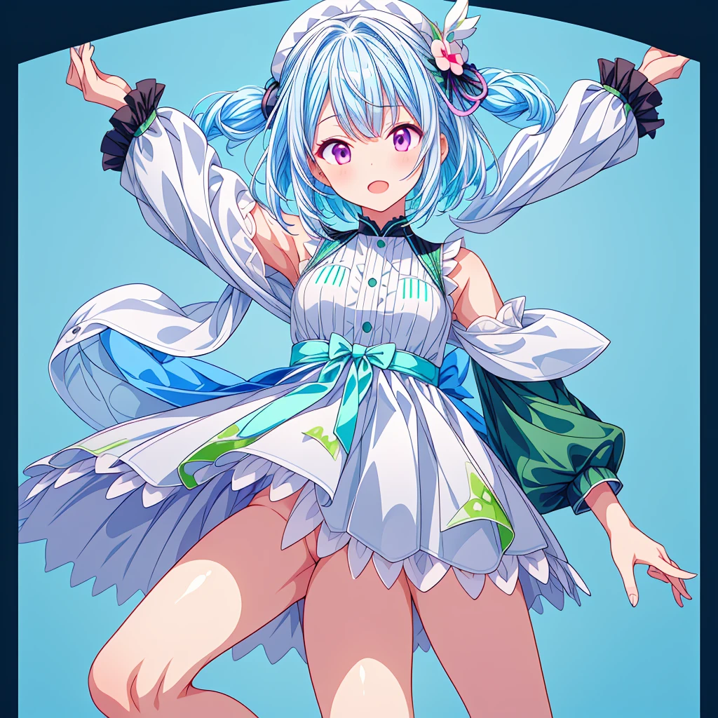 1girl、Character design front view、A picture facing the viewer、(((Super detailed、Highest quality、Masterpiece)))、Original cute hairstyle、Milky white and blue hair color、Simple Green Background、Original cute clothes in jet black and magenta、