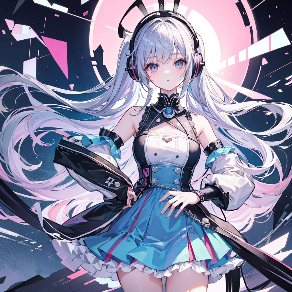 beautiful ta girl,Ball jointed doll,wearing headphones,long hair,synthesizer,2020s very cool stylish manga surrealism fashion illustration