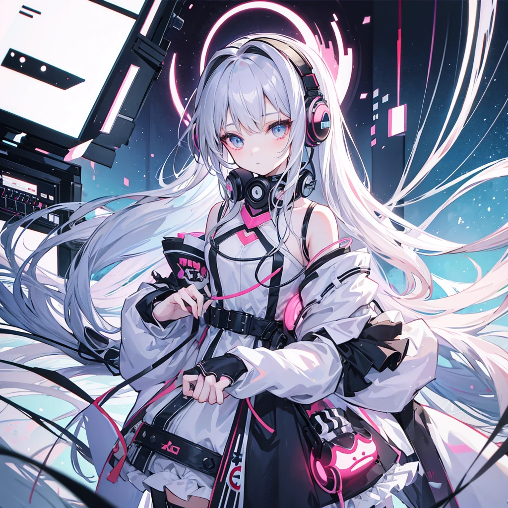 beautiful lolita girl,Ball jointed doll,wearing headphones,long hair,synthesizer,2020s very cool stylish manga surrealism fashion illustration