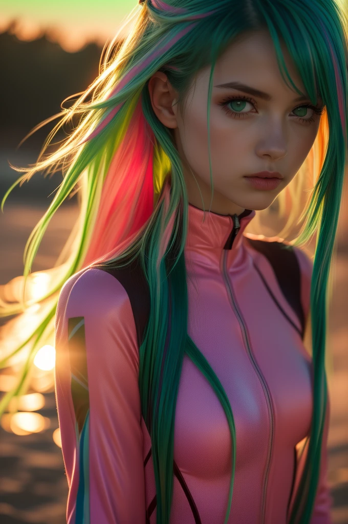raw photo, fashion photography of cute girl, green eyes, (very long streaked green/pink hair:1.3) ((dynamic hairstyle)) in high detailed textured Evangelion red plugsuit, sunset light passing through hair, (random background), depth of field. M.ia