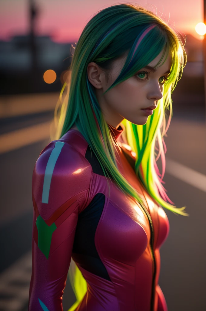 raw photo, fashion photography of cute girl, green eyes, (very long streaked green/pink hair:1.3) ((dynamic hairstyle)) in high detailed textured Evangelion red plugsuit, sunset light passing through hair, (random background), depth of field. M.ia