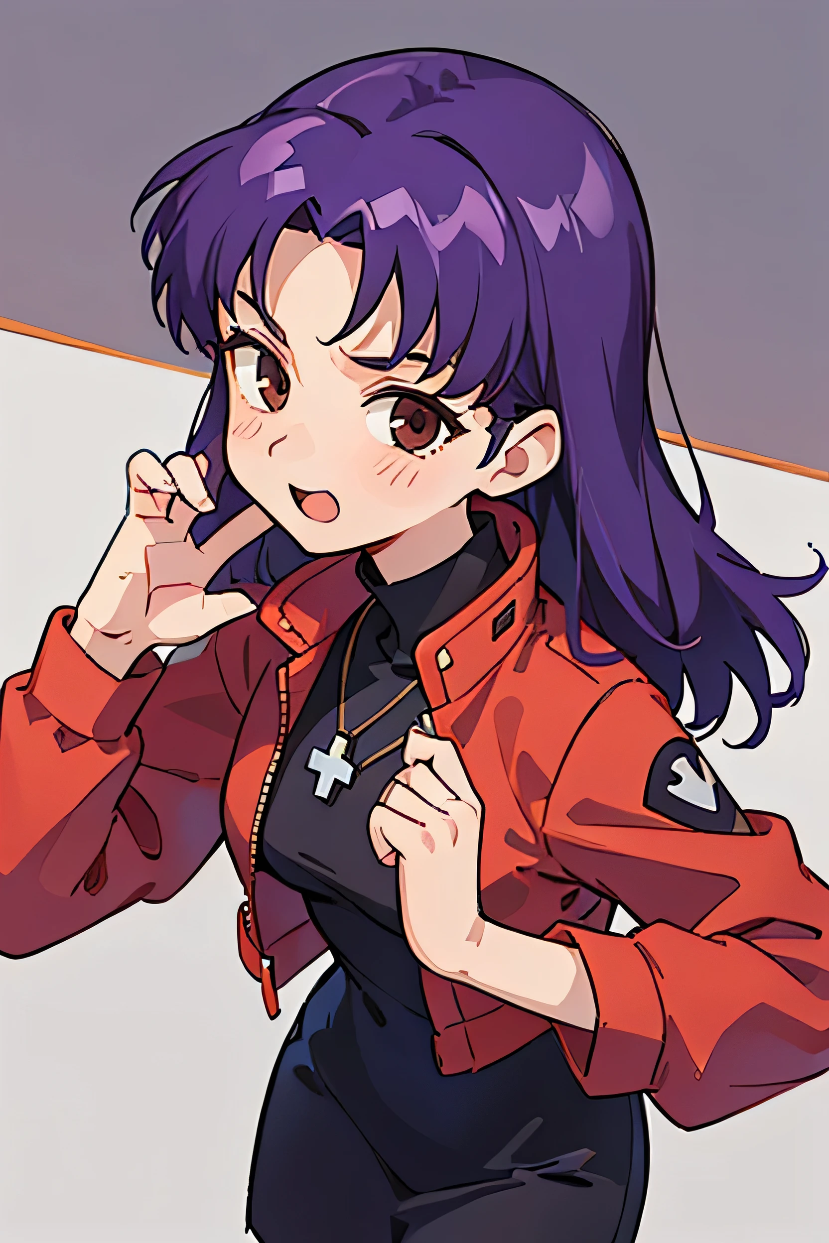 1 Female, clothing: Black bodycon,Mid-breasted、 Short tight black dress, (((Brown eyes))), Purple Hair, Medium Hair, Laughter, Cross Necklace, expensive, The body is slim, (Hmph), (((misato katsuragi))), Nerve、Operation and control room, (((Front view))), View your viewers, Perfectly detailed face, Detailed hands and fingers, Masterpiece 1.1, Trending on Art Station, pixiv quality, (((Fine art:jaw))), Exquisitely crafted, Ultra Graphics, sfw version, (((Mature 1.1))), clothing: Jacker, Red jacket, Symmetrical face、