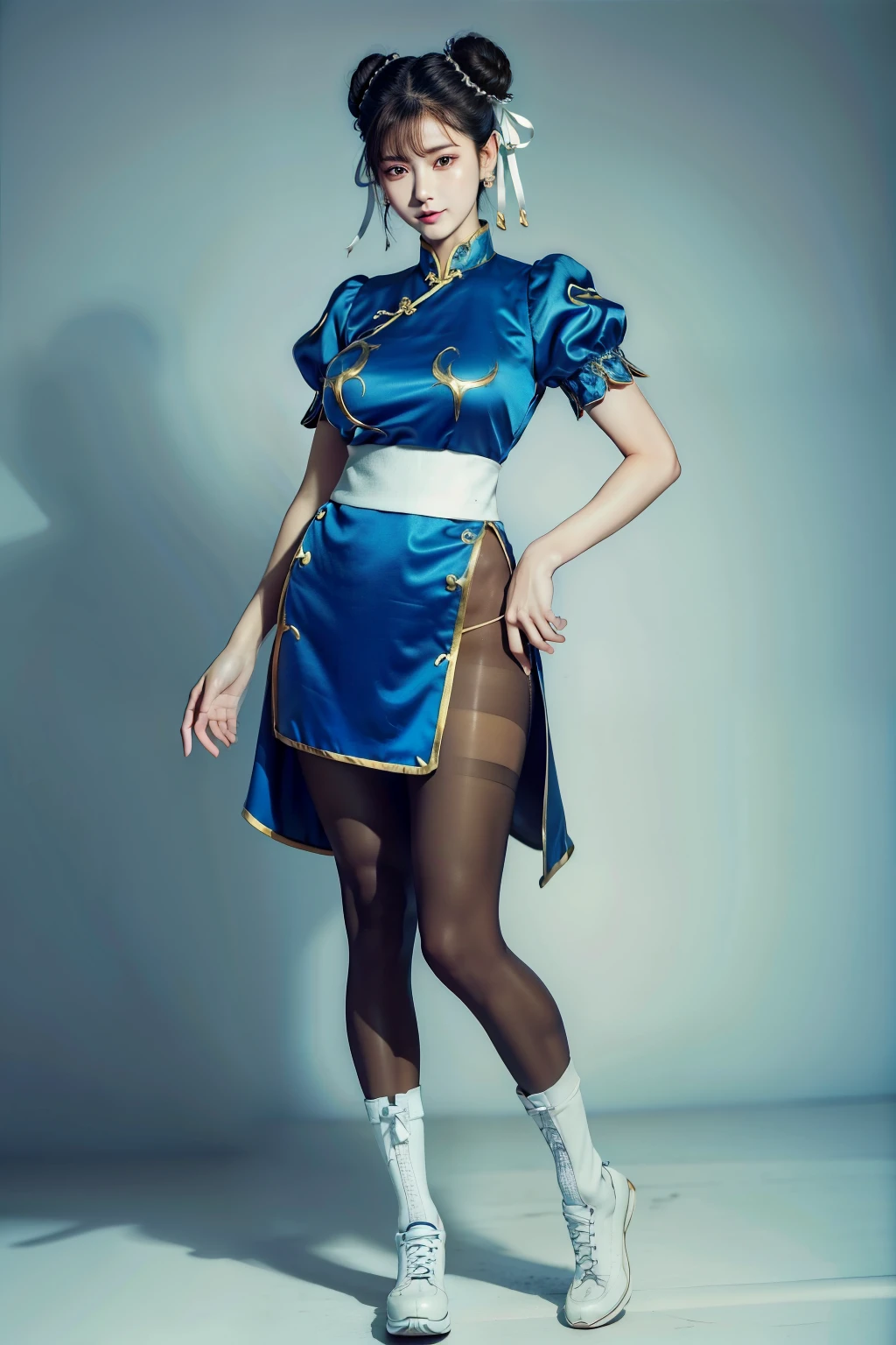 (((full body:1.4,simple background:1.4,large breast:1.4, sexy:1.4,makeup:1.4,gathered thighs:1.4))),Chun-Li from Street Fight II,perfect chun li costume,Blue cheongsam with gold lines,Bun head,bun cover,masterpiece、1 beautiful girl、fine eyes、puffy eyes、highest quality, 超High resolution, (reality: 1.4), movie lighting、Japanese、asian beauty、Korean、super beautiful、beautiful skin、body facing forward、(超reality的な)、(High resolution)、(8k)、(very detailed)、(美しくfine eyes)、(Super detailed)、 (wall-)、detailed face、bright lighting、professional lighting、slanted bangs、Nogizaka Idol、korean idol、masterpiece, highest quality, masterpiece, highest quality, perfect face, perfect brown eyes with white sclera, alone, 1 girl, brown hair, From SF2, Chinese service, smile, muscular woman, blue clothes, pantyhose, pelvic curtain, Puffy short sleeves, Good cover, sash, evaluation:safety