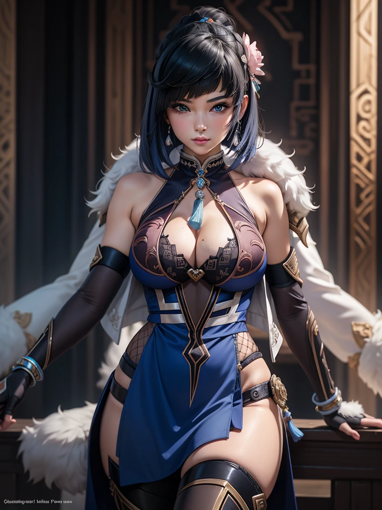 A sexy woman wearing a white and pink lotus lace armor skirt, Chengwei Pan on ArtStation, by Yang J, detailed fantasy art, awesome character art, Fanart Mejor ArtStation, epic exquisite character art, beautiful armor, Extremely detailed artgerm, Detailed digital anime art, Artgerm and ArtStation Pixiv, armor girl, cleavage big breasts:1.2, (mini skirt:1,5)