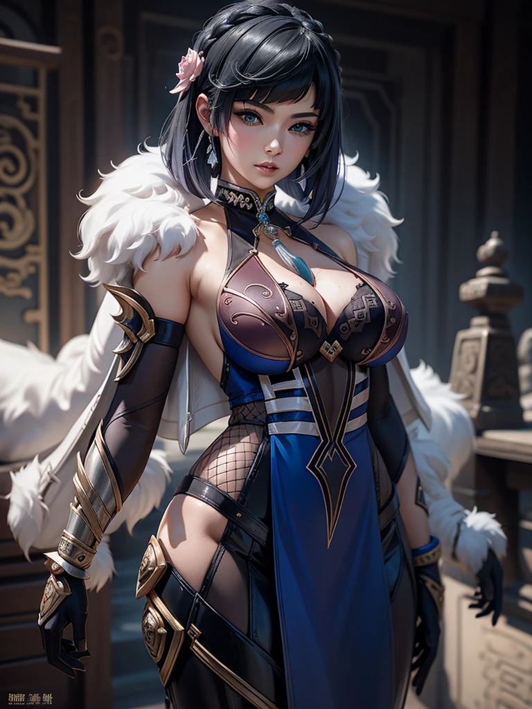 A sexy woman wearing a white and pink lotus lace armor skirt, Chengwei Pan on ArtStation, by Yang J, detailed fantasy art, awesome character art, Fanart Mejor ArtStation, epic exquisite character art, beautiful armor, Extremely detailed artgerm, Detailed digital anime art, Artgerm and ArtStation Pixiv, armor girl, cleavage big breasts:1.2, (mini skirt:1,5)