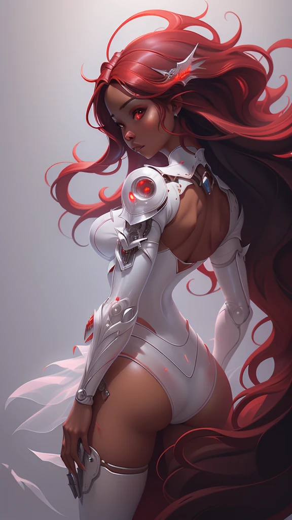 girl with big breasts, with exotic red clothing, dark ebony skin, round and big butt, Epic Fantasy Art Style HD, 4K fantasy art, epic fantasy digital art style, epic fantasy art style, Fantasy Woman, epic fantasy art portrait, Epic fantasy style, hyperrealistic fantasy art, hd fantasy art, Epic fantasy character art, epic fantasy art, in style of dark fantasy art, epic fantasy digital art, (iluminación cinematográfica :1.4), (estilo encaje lingerie red:1.4), (cabello largo white canoso :1.4),( cyborg mecánica white plastic transparent :1.4),( cyborg white transparent :1.4)