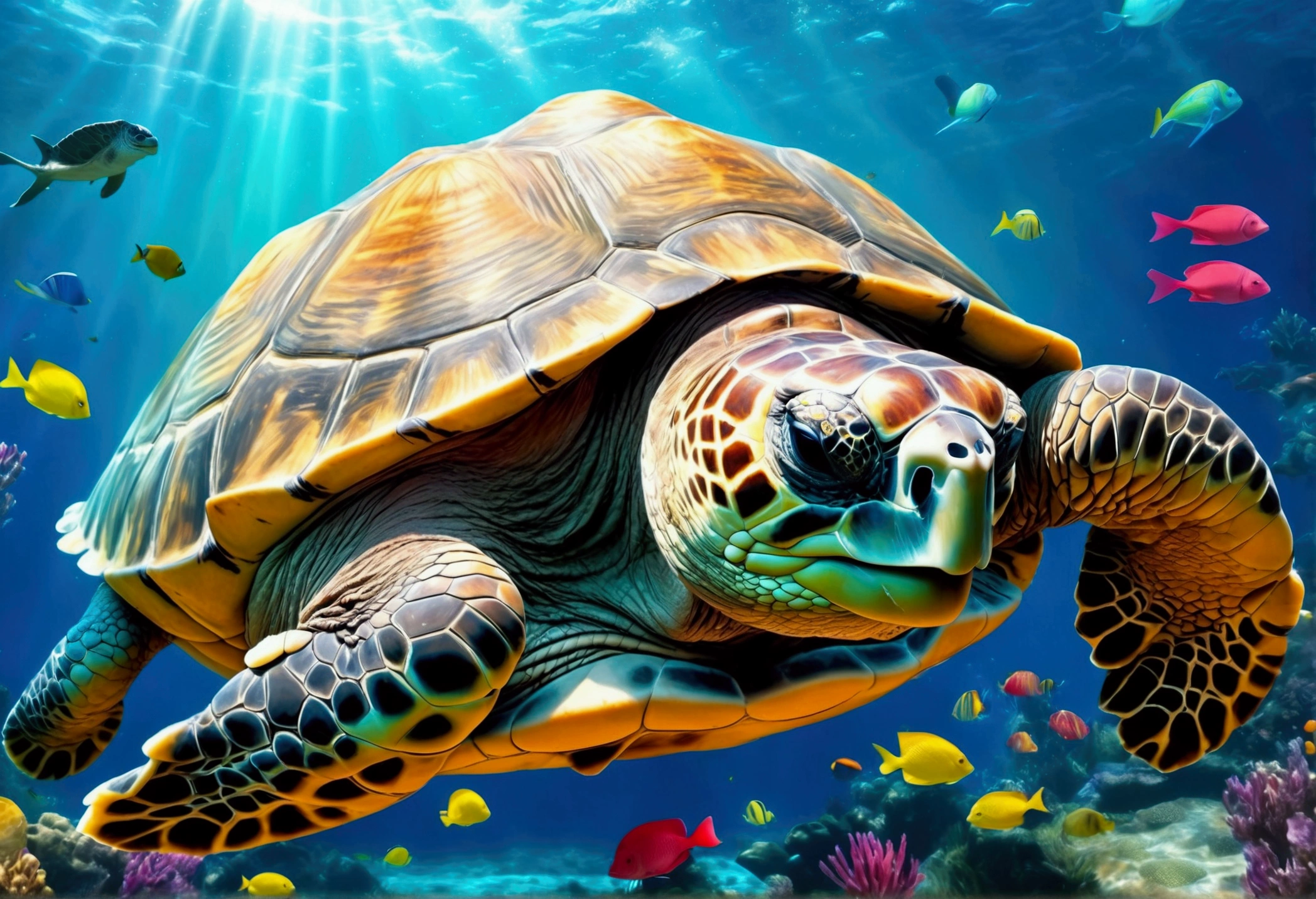 a monstrously huge tortoise,swimming in the ocean,its shell above water,covered in lush vegetation,a tiny cruise ship passing nearby,(best quality,4k,8k,highres,masterpiece:1.2),ultra-detailed,(realistic,photorealistic,photo-realistic:1.37),HDR,UHD,studio lighting,extremely detailed,vivid colors,realistic ocean,dramatic lighting,cinematic composition