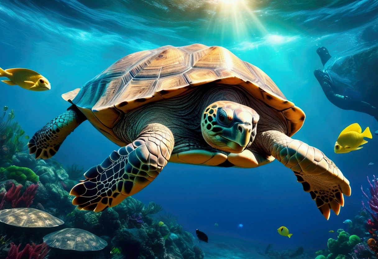 a monstrously huge tortoise,swimming in the ocean,its shell above water,covered in lush vegetation,a tiny cruise ship passing nearby,(best quality,4k,8k,highres,masterpiece:1.2),ultra-detailed,(realistic,photorealistic,photo-realistic:1.37),HDR,UHD,studio lighting,extremely detailed,vivid colors,realistic ocean,dramatic lighting,cinematic composition