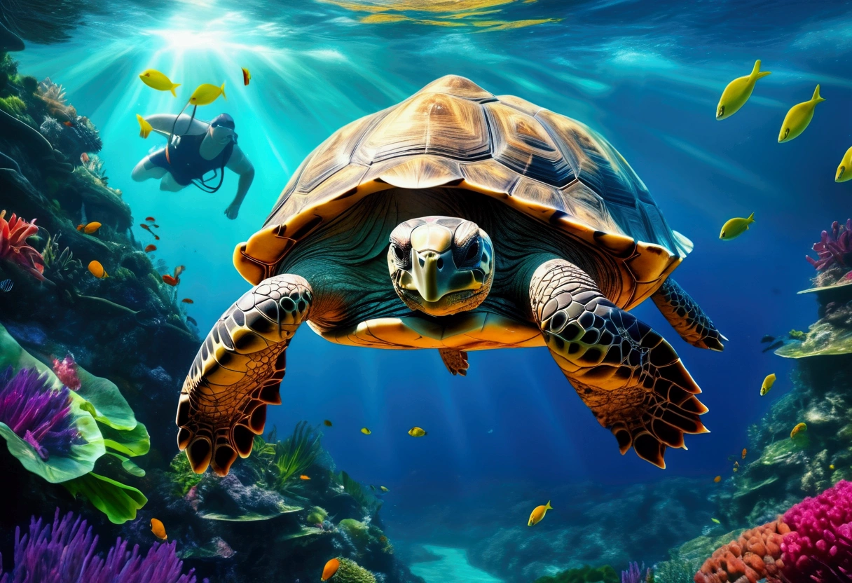 a monstrously huge tortoise,swimming in the ocean,its shell above water,covered in lush vegetation,a tiny cruise ship passing nearby,(best quality,4k,8k,highres,masterpiece:1.2),ultra-detailed,(realistic,photorealistic,photo-realistic:1.37),HDR,UHD,studio lighting,extremely detailed,vivid colors,realistic ocean,dramatic lighting,cinematic composition
