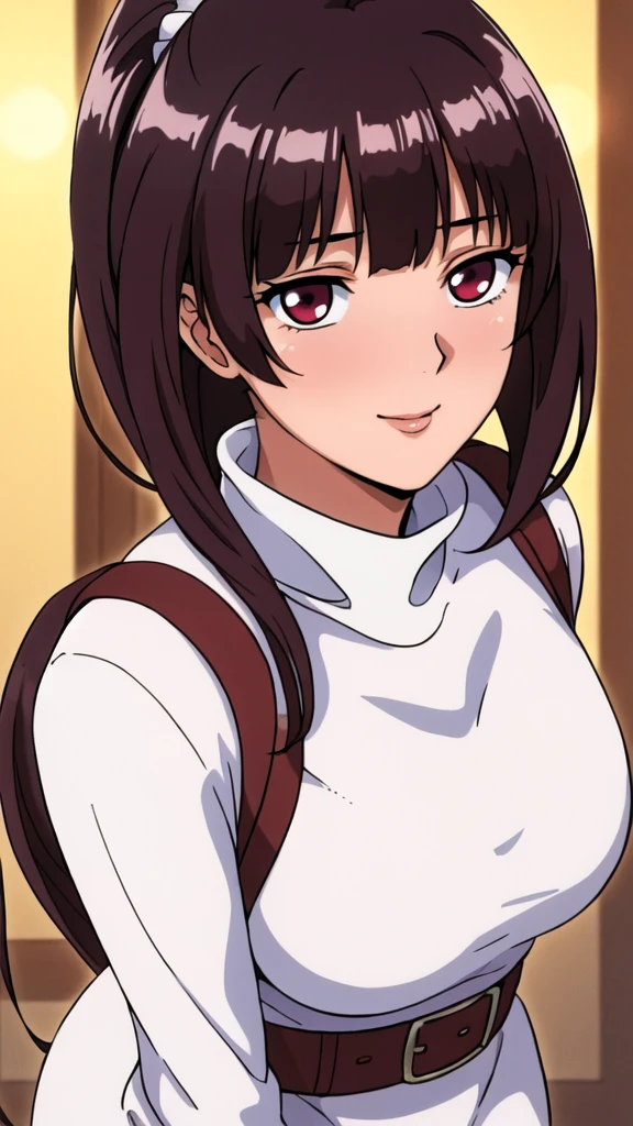 white turtleneck, black pencil shirt,black long skirt,white belt,hair ornament, hair scrunchie,low ponytail,
long hair,bangs, brunette, black hair, blunt bangs,big red eyes,alone, 1 girl,Young female, 18 years old, very cute, smile, Beautiful Finger,Beautiful long legs,Beautiful body,Beautiful Nose,Beautiful character design, perfect eyes, perfect face,expressive eyes, looking at viewer, in the center of the image,(light smile:0.5), official art, indoor, portrait, perfect lighting,Colorful, Bright_Front_face_Lighting,shiny skin, (masterpiece:1.0),(best quality:1.0), ultra high res,4K,ultra-detailed, photography, 8K, HDR, highres, absurdres:1.2, Kodak portra 400, film grain, blurry background, bokeh:1.2, lens flare, (vibrant_color:1.2), (beautiful face), (curvy body), ashamed, blushing, glossy lip rouge, glossy crimson rouge, jealousy, SFW, seductive, charming,(attractive,enchanting,fascinating,captivating,bewitching,enthralling,entrancing,attractive,gripping,engrossing)