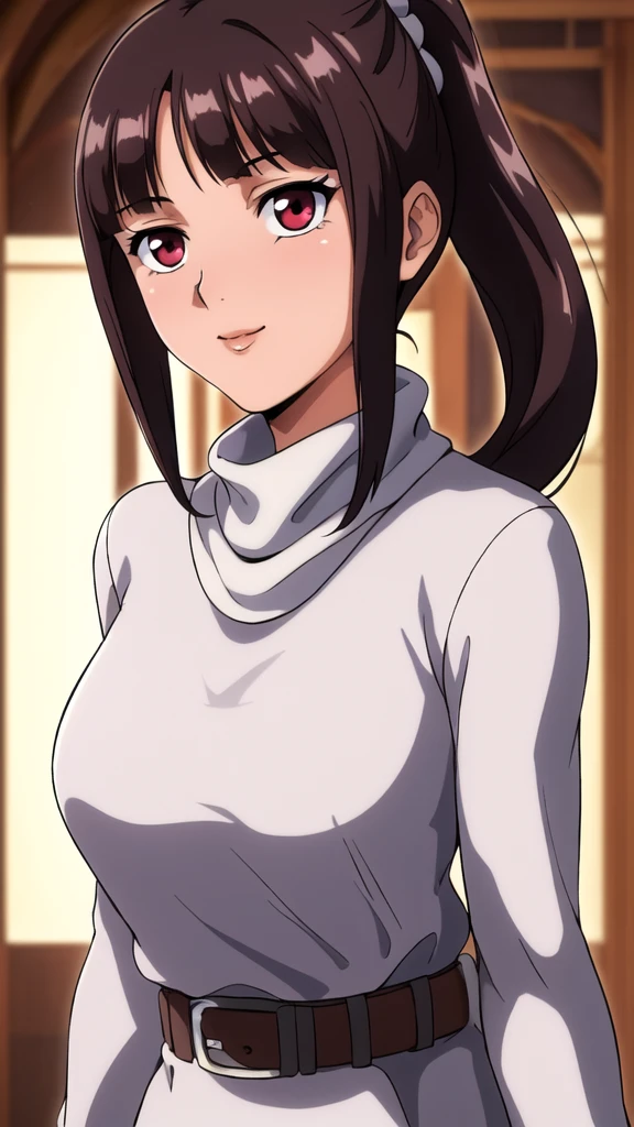 white turtleneck, black pencil shirt,black long skirt,white belt,hair ornament, hair scrunchie,low ponytail,
long hair,bangs, brunette, black hair, blunt bangs,big red eyes,alone, 1 girl,Young female, 18 years old, very cute, smile, Beautiful Finger,Beautiful long legs,Beautiful body,Beautiful Nose,Beautiful character design, perfect eyes, perfect face,expressive eyes, looking at viewer, in the center of the image,(light smile:0.5), official art, indoor, portrait, perfect lighting,Colorful, Bright_Front_face_Lighting,shiny skin, (masterpiece:1.0),(best quality:1.0), ultra high res,4K,ultra-detailed, photography, 8K, HDR, highres, absurdres:1.2, Kodak portra 400, film grain, blurry background, bokeh:1.2, lens flare, (vibrant_color:1.2), (beautiful face), (curvy body), ashamed, blushing, glossy lip rouge, glossy crimson rouge, jealousy, SFW, seductive, charming,(attractive,enchanting,fascinating,captivating,bewitching,enthralling,entrancing,attractive,gripping,engrossing)