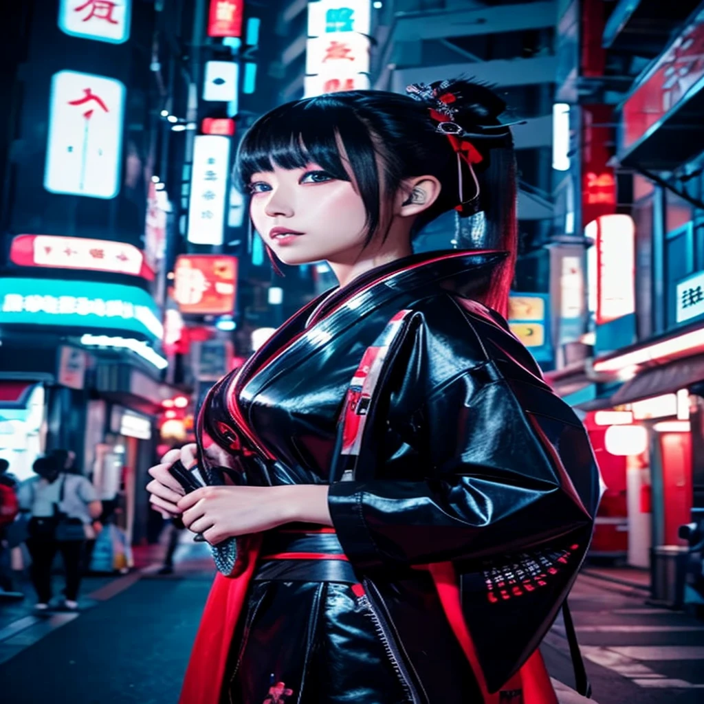 A cyberpunk futuristic Japanese geisha with electronic gear all over her body