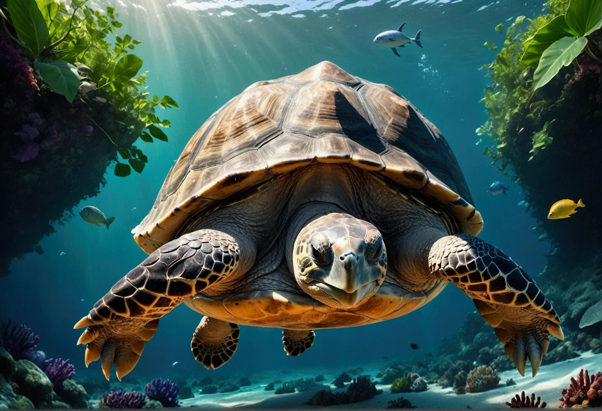 a monstrously huge tortoise,swimming in the ocean,its shell above water,covered in lush vegetation,a tiny cruise ship passing nearby,(best quality,4k,8k,highres,masterpiece:1.2),ultra-detailed,(realistic,photorealistic,photo-realistic:1.37),HDR,UHD,studio lighting,extremely detailed,vivid colors,realistic ocean,dramatic lighting,cinematic composition