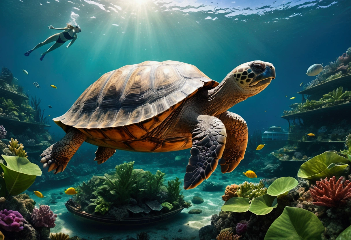 a monstrously huge tortoise,swimming in the ocean,its shell above water,covered in lush vegetation,a tiny cruise ship passing nearby,(best quality,4k,8k,highres,masterpiece:1.2),ultra-detailed,(realistic,photorealistic,photo-realistic:1.37),HDR,UHD,studio lighting,extremely detailed,vivid colors,realistic ocean,dramatic lighting,cinematic composition