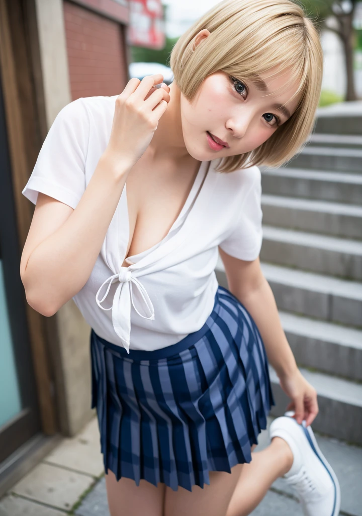 (8k、RAW Photos、Highest quality、masterpiece:1.2),(Very short blonde bob cut:1.3),Looking away,Facing in a different direction、Rear view,erotic,White skin,(White panties),masterpiece,Highest quality、Ultra-high resolution,One person, One personで,whole body,high school girl,Japanese women、(Realistic:1.37)、Photon Mapping,Realistic、(Cute Face、Round face: 1.4)、Baby Face、Attractive face、Blushing、(Red tie)、Radio City、Physically Based Rendering、prospect、Written boundary depth、Blurred Background,Beautiful legs, Nose Soft,(Light blue shirt), (navy, Short sleeve、She is removing her blue and white checked pleated skirt), I can see your knees,(Thigh close-up:1.3),Nogizaka Idol, , Japanese Ido、Small, flat chest、whole body写真、Super Definition、White loose socks、Brown leather shoes、Outdoor stairs、Blonde bangs、Pussy streaks on panties、Long eyelashes