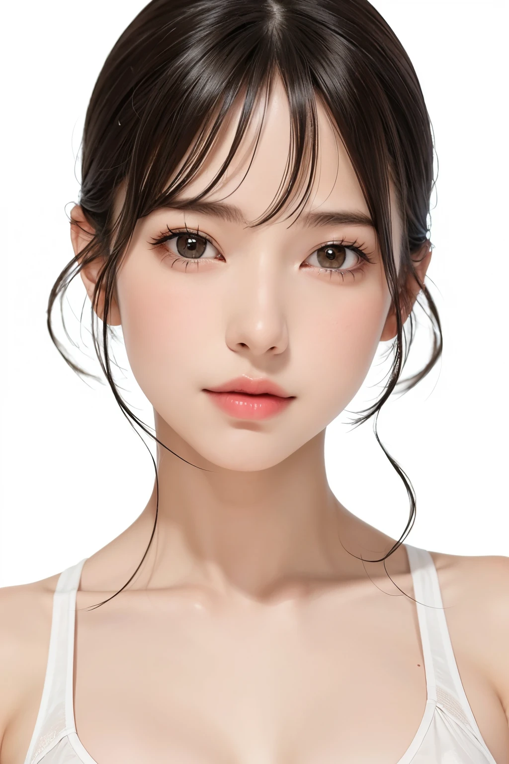 ((masterpiece, Highest quality, High resolution、Everything is beautifully detailed)), 1 girl, (Realistic: 1.4), alone, White Background, snow-White Background, Mouth closed, smile, smile, Beautiful black hair, short hair, Big eyes, Transparent double eyelids, eyelash, Listen carefully, Long neck, 美しくLong neck, Absolute area, ((Face close-up)), (Draw the whole head, shoulder), 19 years old, Attractive proportions, Glowing Skin, Beautiful clavicle, Golden ratio face, Perfect Face, Teardrop-shaped mole, chestのほくろ, bangs, clean bangs, beautiful bangs, Lip gloss, Thin lips, Fair skin, naked, Big Breasts, {huge|big|hugeな|Mega} chest, chestの谷間,Small face, Small face, All the heads are painted, shoulder all drawn, Point slightly above the camera