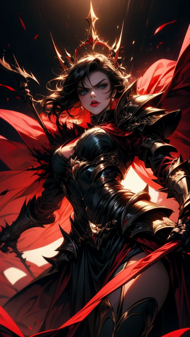 Masterpiece, high quality, super detailed, wallpaper, woman, black armor with black and red details, viewed from below, looking at the viewer, fit body, heels with black thorns, black and red short thorn crown, very short black hair, blue eyes, red lips, black eye makeup, black cape with black embroidery, angry look, stunning, in various poses, open hands, armored, detailed face, black background