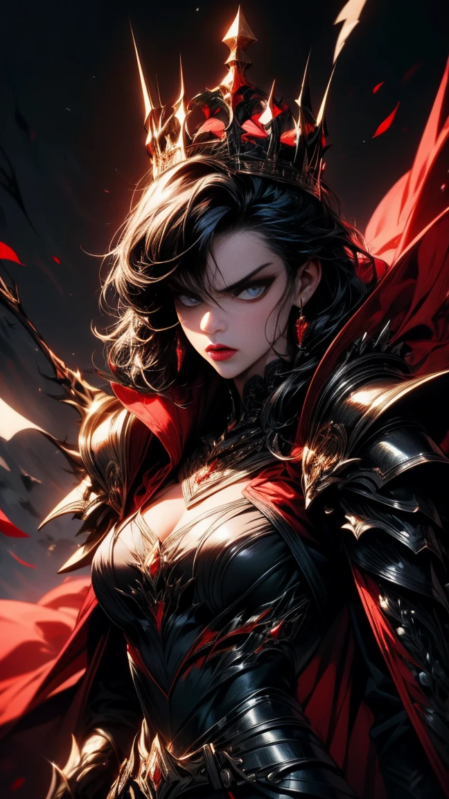 Masterpiece, high quality, super detailed, wallpaper, woman, black armor with black and red details, viewed from below, looking at the viewer, fit body, heels with black thorns, black and red short thorn crown, very short black hair, blue eyes, red lips, black eye makeup, black cape with black embroidery, angry look, stunning, in various poses, open hands, armored, detailed face, black background