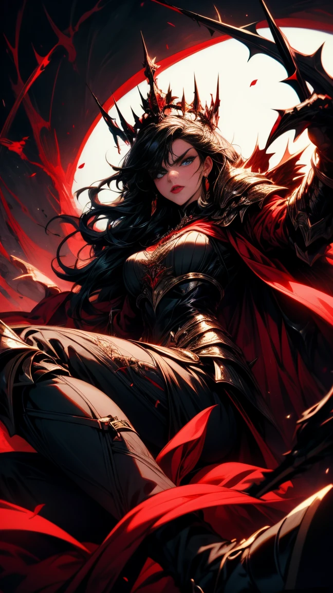 Masterpiece, high quality, super detailed, wallpaper, woman, black armor with black and red details, viewed from below, looking at the viewer, fit body, heels with black thorns, black and red short thorn crown, very short black hair, blue eyes, red lips, black eye makeup, black cape with black embroidery, angry look, stunning, in various poses, open hands, armored, detailed face, black background