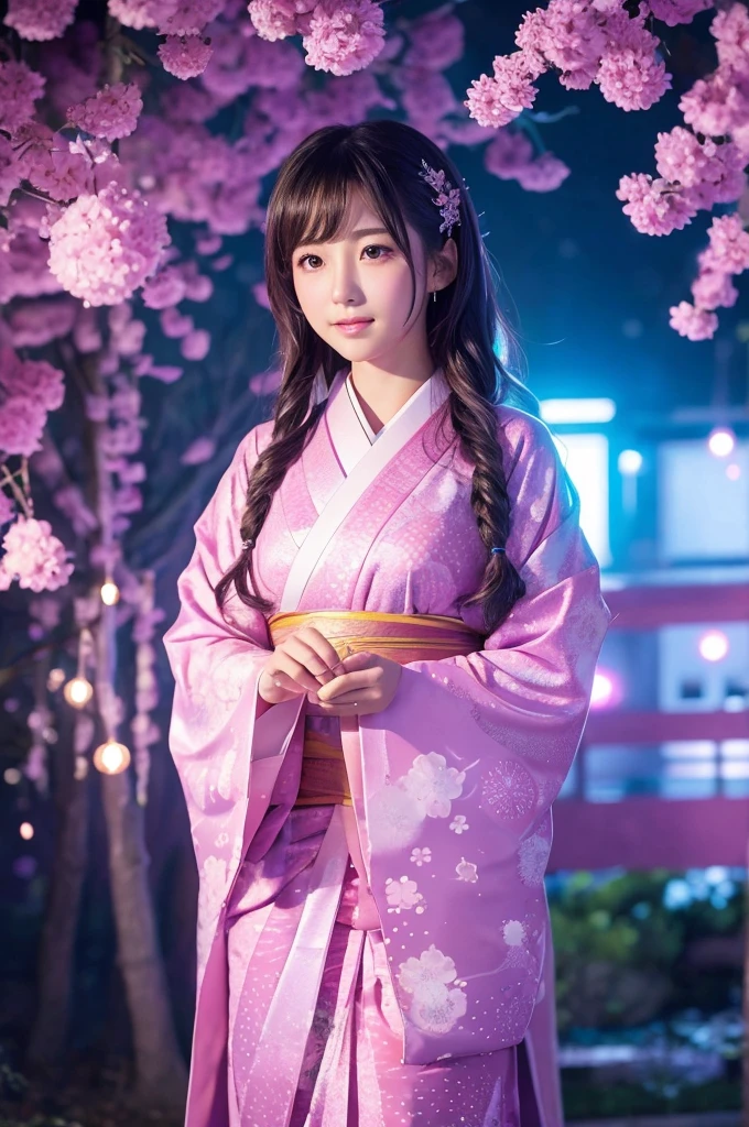 This image is、Featuring ultra-realistic, live-action Japanese beauties。The background is dotted with magical lights.、Pink and purple light、Floating transparent bubbles floating around。The beautiful girl's costume is a light pink dress.、It features a relaxed design。The pose is looking back、Showing a natural look。As a photographic technique、Use soft focus、Emphasizing the fantastical atmosphere。By skillfully using the placement of lights and the reflection of light,、The beautiful girl's contours and facial expressions are photographed in a way that makes them stand out softly.。The composition on a vertical screen、The light balance between the subject and the background is well captured.。