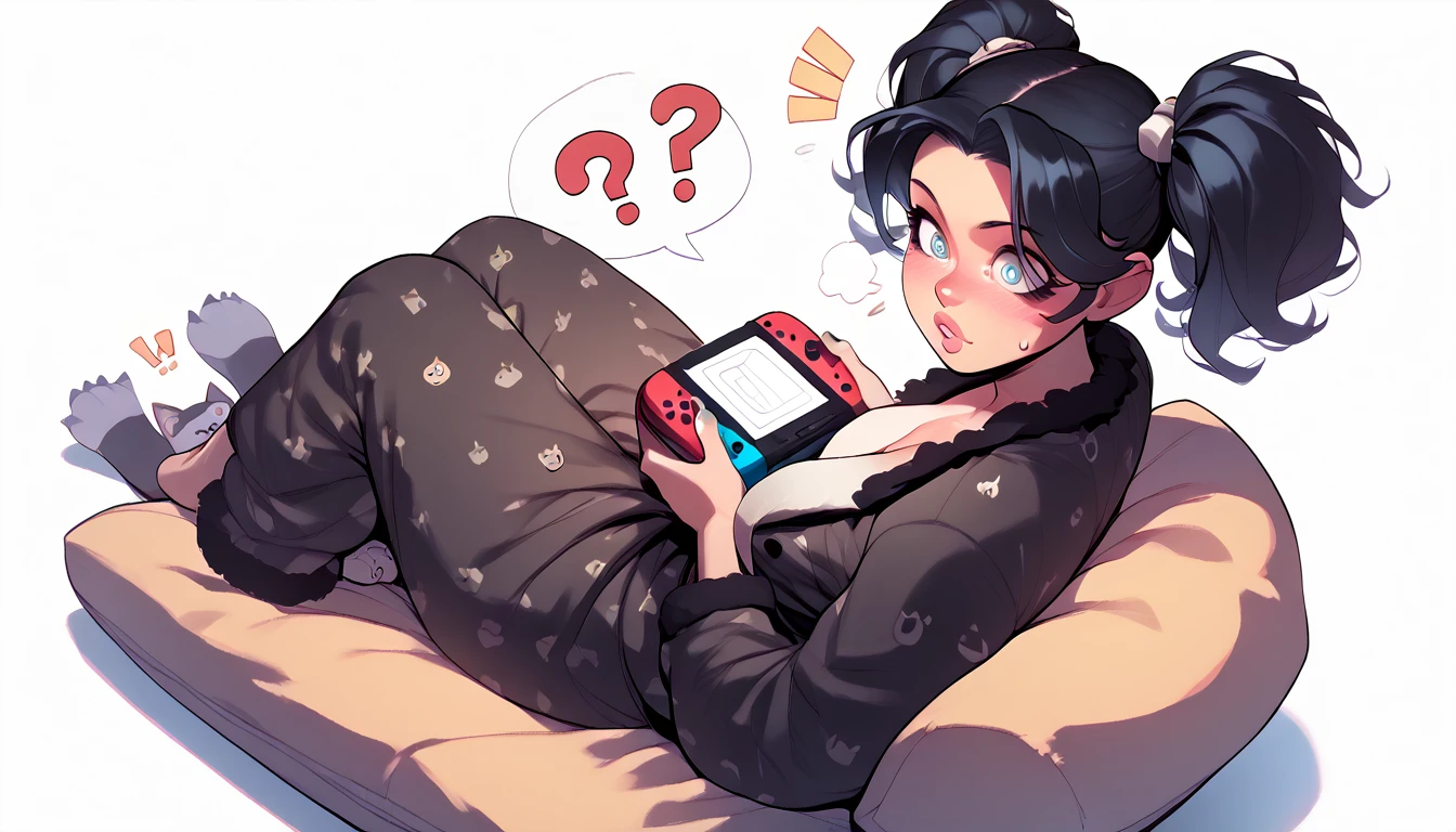 punctuation_9, punctuation_8_High above, punctuation_7_High above, punctuation_6_High above, punctuation_5_High above, punctuation_4_High above, BREAK 1girl, Nerd,Bblack hair, a cartoon image of a woman with a big breast,(dressed as a black cat), sitting on the cushion (blue in color), white scenario, with Nintendo switch in hand, fluffy chest, in pajamas(dressed as a black cat), anime cel shaded, Covered breasts and SFW, wearing pajamas(sitting on the cushion (blue in color), with a Nintendo Switch in hand), Kantai Collection Style, anime moe art style, , twintails brancos_mitts, seductive anime girl((dressed as a black cat)), Playing with a Wool Yarn (spiral eye)White background.