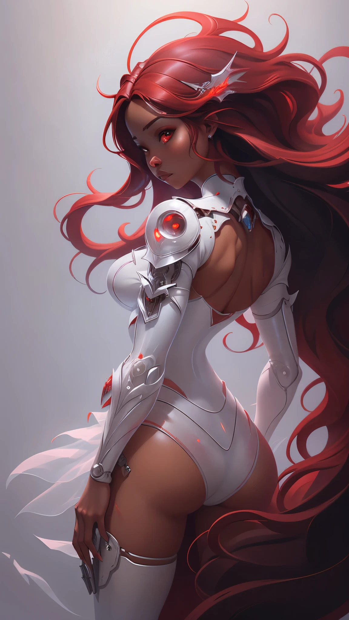 girl with big breasts, with exotic red clothing, dark ebony skin, round and big butt, Epic Fantasy Art Style HD, 4K fantasy art, epic fantasy digital art style, epic fantasy art style, Fantasy Woman, epic fantasy art portrait, Epic fantasy style, hyperrealistic fantasy art, hd fantasy art, Epic fantasy character art, epic fantasy art, in style of dark fantasy art, epic fantasy digital art, (iluminación cinematográfica :1.4), (estilo encaje lingerie red:1.4), (cabello largo white canoso :1.4),( cyborg mecánica white plastic transparent :1.4),( cyborg white transparent :1.4) 