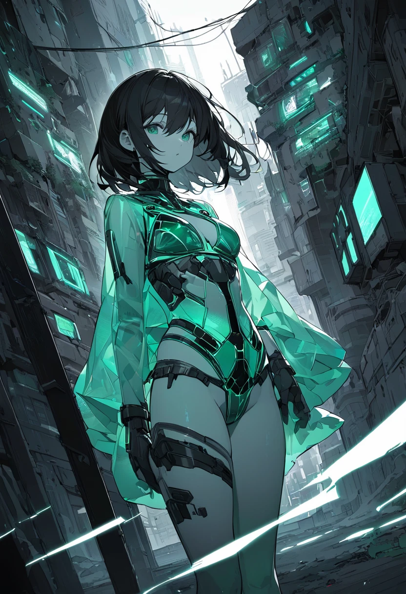 prism、See-through、irionochrome Tiffany Blue, Highest quality, Super Fine, 16K, Unbelievably absurd, Very detailed, delicate and dynamic, pretty girl, Three-dimensional effect expressed through light and shadow, Eye-catching effect, modern art, Monochrome Tiffany Blue, Highest quality, Super Fine, 16K, Unbelievably absurd, Very detailed, delicate and dynamic, pretty girl, Three-dimensional effect expressed through light and shadow,Low - Angle、 Emerald green eyes、服の一部分がSee-through、Cinematic angles、optical fiber、Connected Cord、発光しているパーツSee-throughのパーツ、Cyberpunk cityscape, young woman with long black hair wearing an emerald green powered exosuit, standing in a contemplative pose amidst the neon-lit ruins, textured digital art with muted tones and subtle ambient noise, detailed and intricate illustration, dystopian and gritty yet beautiful, a glimmer of hope in the decay,Fish Girl in Sci-fi translucent mechanical bikini ++,The bikini is see-through and sparkly