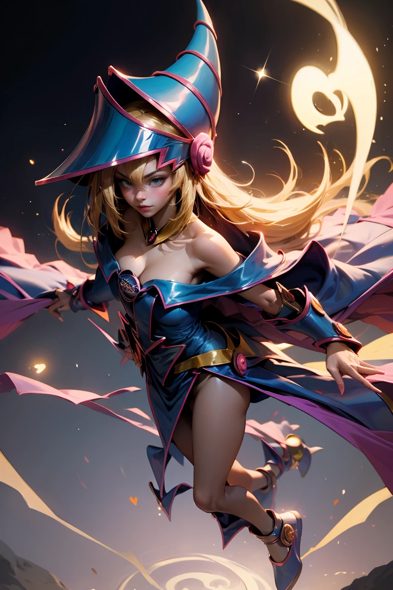 (Masterpiece:1.2), (The best quality:1.2), perfect lighting, Dark Magician Girl casting a spell, in battle. floating in the air, visible medium tits, transparent neckline, blue robe, big hat, From above, sparkles, Yugioh game, The magic of the heart. LIGHTS OF THE HEART, romantic heart. She wears heels. has heels. Wear heels 