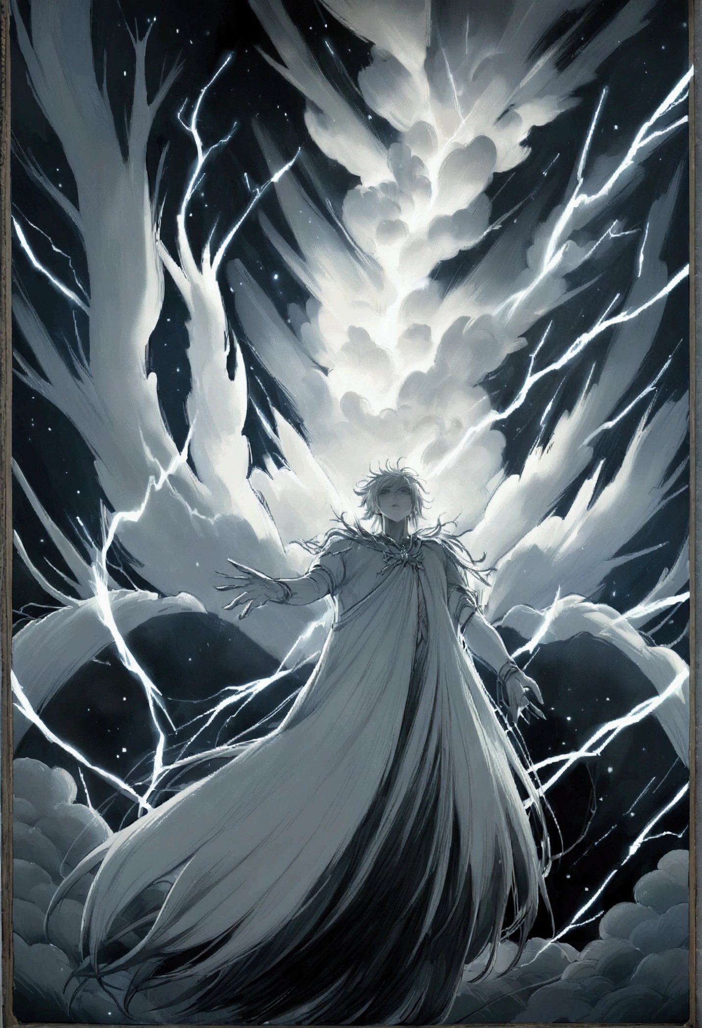 Lightning is seen striking against the dark night sky. The point of view is that of a person in a forest looking up at the sky and watching the Lightning strike, violently illuminating the treetops. Besides, Some stars can be seen between the clouds.. The moon is not visible. The Lightning is near. The style is black and white illustration. There are almost no grays.