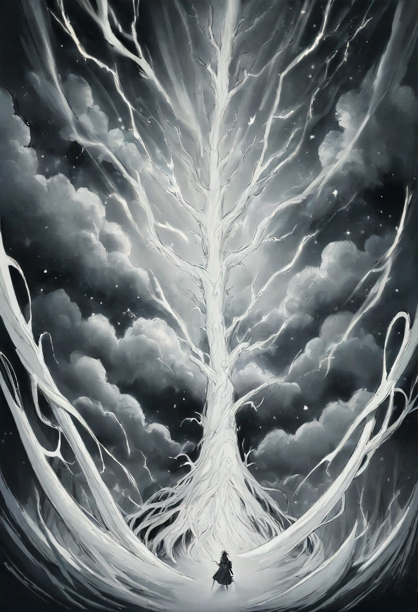 Lightning is seen striking against the dark night sky. The point of view is that of a person in a forest looking up at the sky and watching the Lightning strike, violently illuminating the treetops. Besides, Some stars can be seen between the clouds.. The moon is not visible. The Lightning is near. The style is black and white illustration. There are almost no grays.