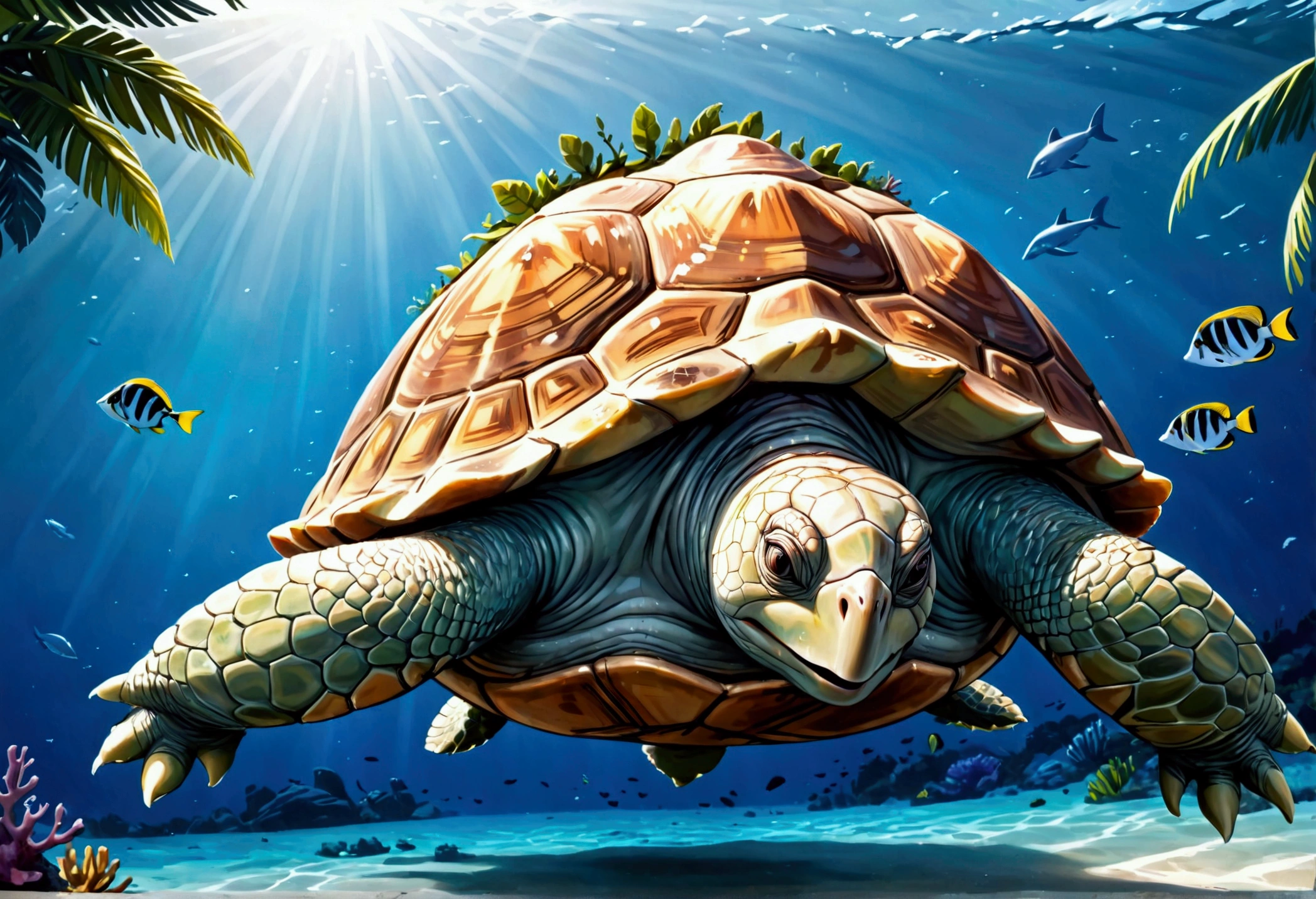 a monstrously huge tortoise,swimming in the ocean,its shell above water,covered in lush vegetation,a tiny cruise ship passing nearby,(best quality,4k,8k,highres,masterpiece:1.2),ultra-detailed,(realistic,photorealistic,photo-realistic:1.37),HDR,UHD,studio lighting,extremely detailed,vivid colors,realistic ocean,dramatic lighting,cinematic composition
