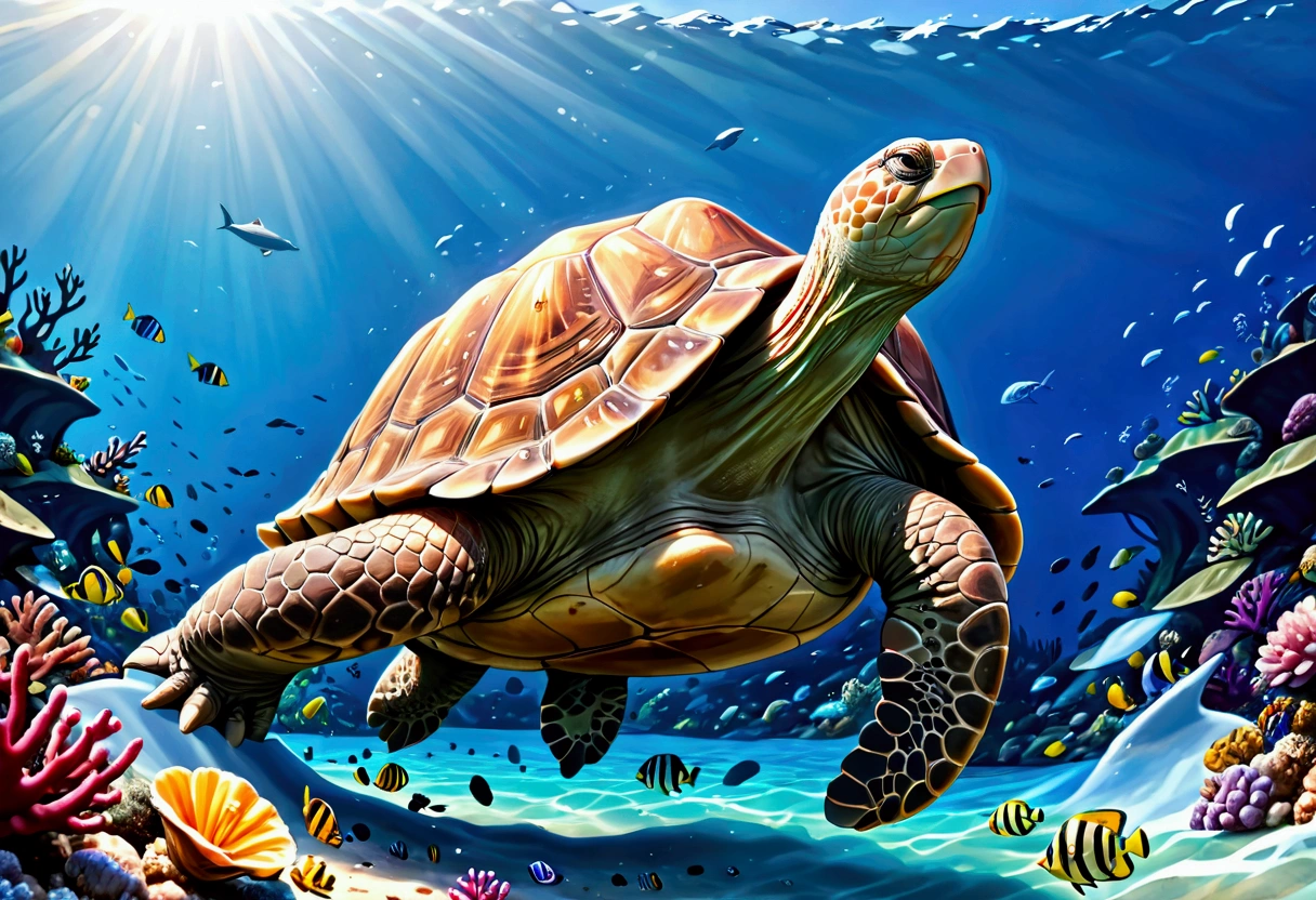 a monstrously huge tortoise,swimming in the ocean,its shell above water,covered in lush vegetation,a tiny cruise ship passing nearby,(best quality,4k,8k,highres,masterpiece:1.2),ultra-detailed,(realistic,photorealistic,photo-realistic:1.37),HDR,UHD,studio lighting,extremely detailed,vivid colors,realistic ocean,dramatic lighting,cinematic composition
