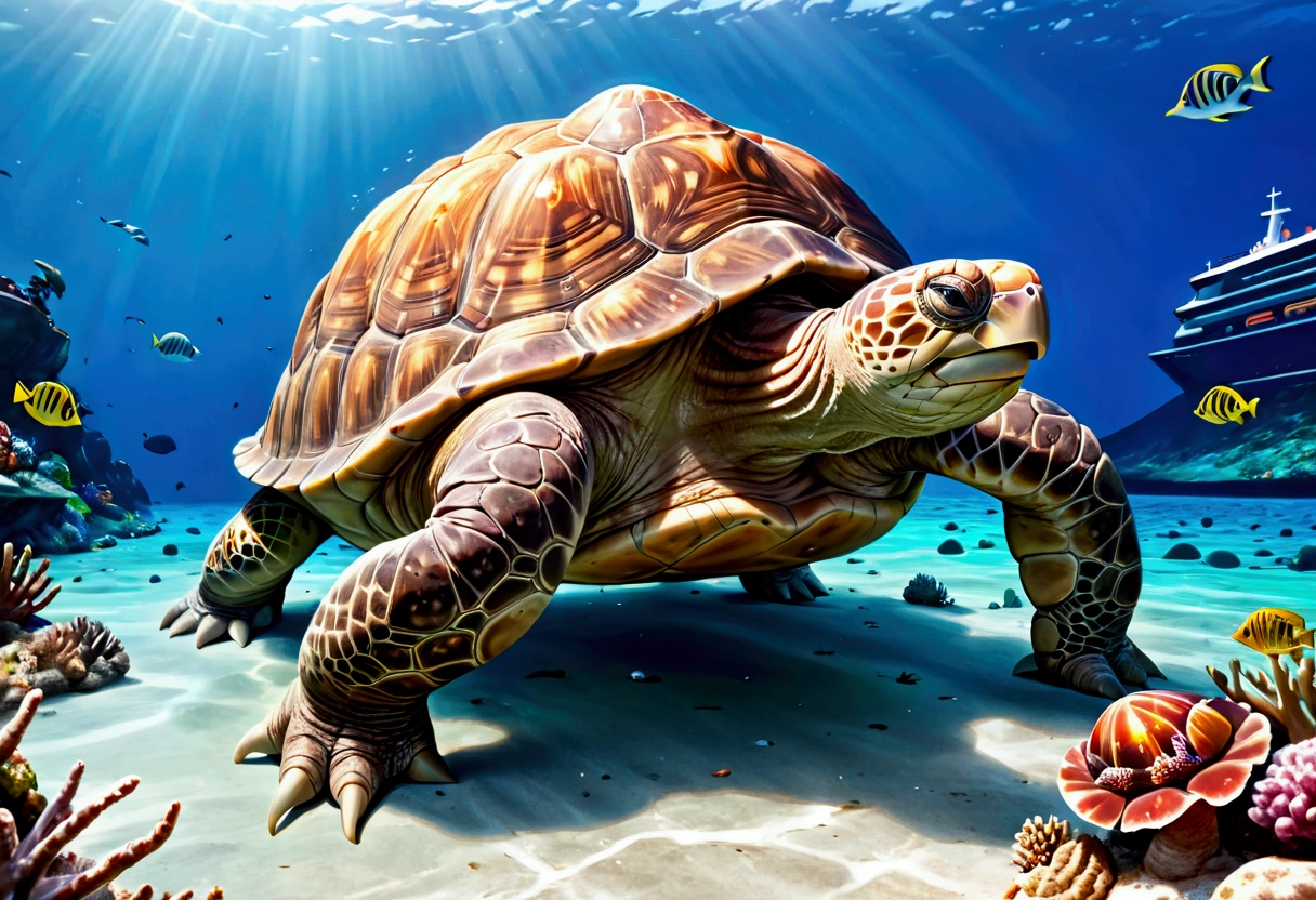 a monstrously huge tortoise,swimming in the ocean,its shell above water,covered in lush vegetation,a tiny cruise ship passing nearby,(best quality,4k,8k,highres,masterpiece:1.2),ultra-detailed,(realistic,photorealistic,photo-realistic:1.37),HDR,UHD,studio lighting,extremely detailed,vivid colors,realistic ocean,dramatic lighting,cinematic composition
