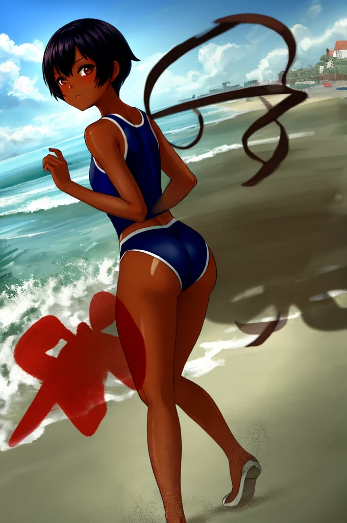 (best quality, high quality, ultra quality, Absurd:1.5), One girl, fighter, (Black Hair, Pixie Cut Tan, Suntan LINES, Dark skinned women, Dark Skin:1.3), (gigantic 胸), Dark blue school swimsuit, Outdoor, sunset, beach, (ass pov), (Dutch angle:1.2),