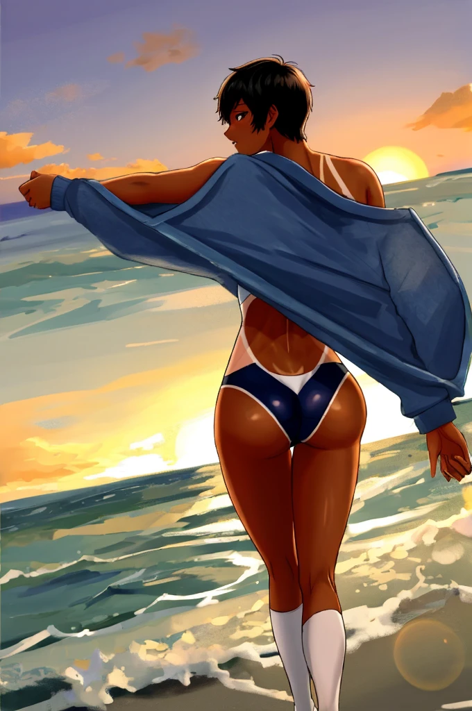(best quality, high quality, ultra quality, Absurd:1.5), One girl, fighter, (Black Hair, Pixie Cut Tan, Suntan LINES, Dark skinned women, Dark Skin:1.3), (gigantic 胸), Dark blue school swimsuit, Outdoor, sunset, beach, (ass pov), (Dutch angle:1.2),